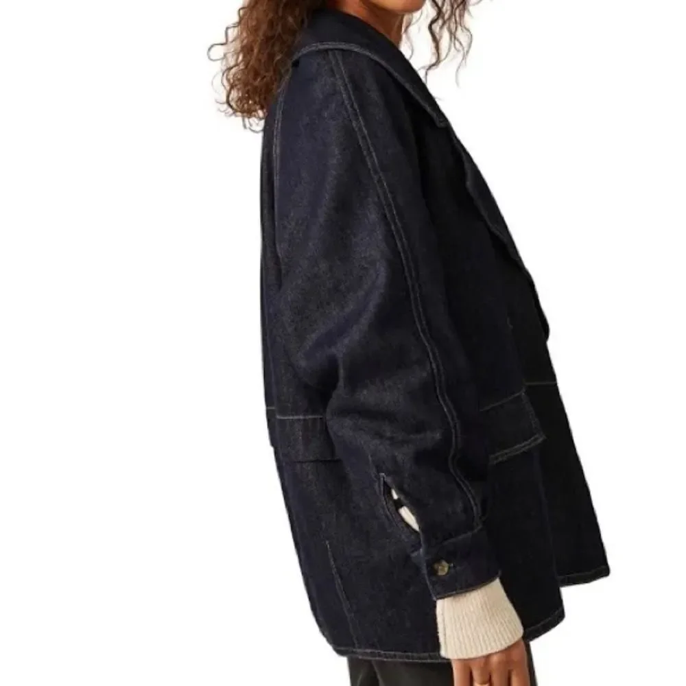 NWOT Free People Denim Car Coat in Rinse Wash Blue Oversized Sz XS 100% cotton